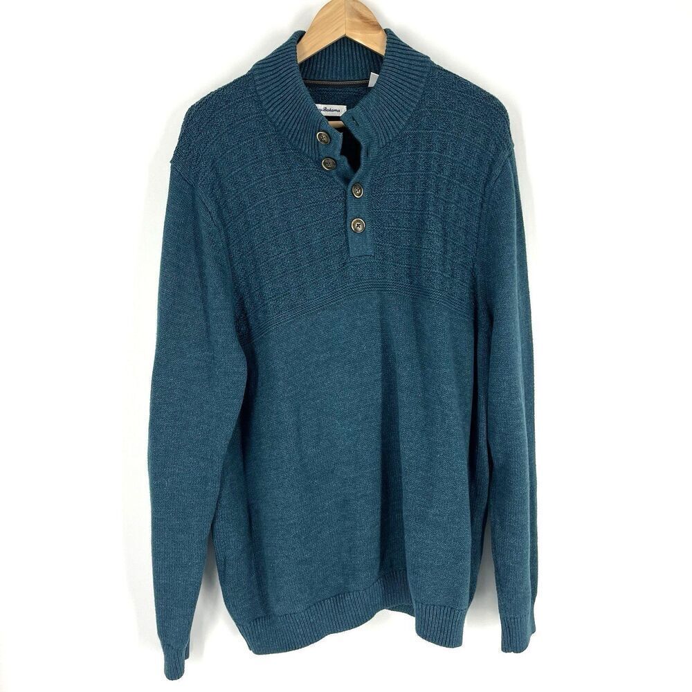 Tommy Bahama Sweater Size XL Mens Seaway Teal Sorrento Beach Button Mock Henley